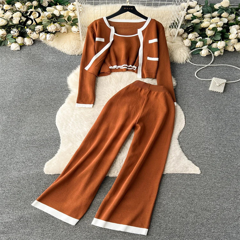 SINGREINY Autumn Knitted Three Pieces Sets Slim Tank TopLong Sleeves Short CardiganElastic Long Pants Fashion Sweater Set 250226