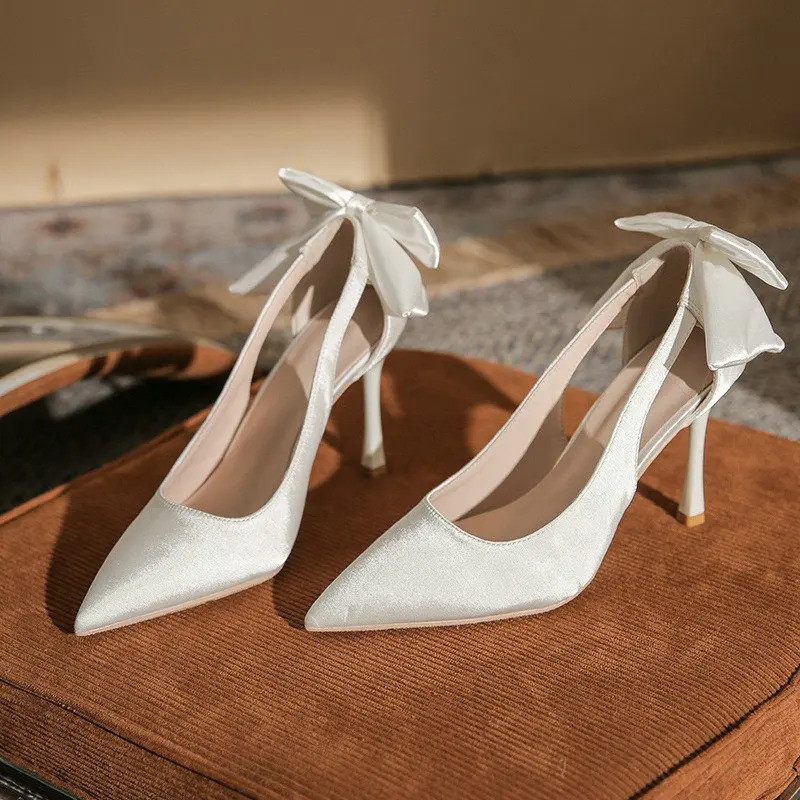 Spring And Summer White Pointy High Heels Ladies Thin Heel Single Shoes Butterfly Wedding Shoes Small Bride Shoes 251009