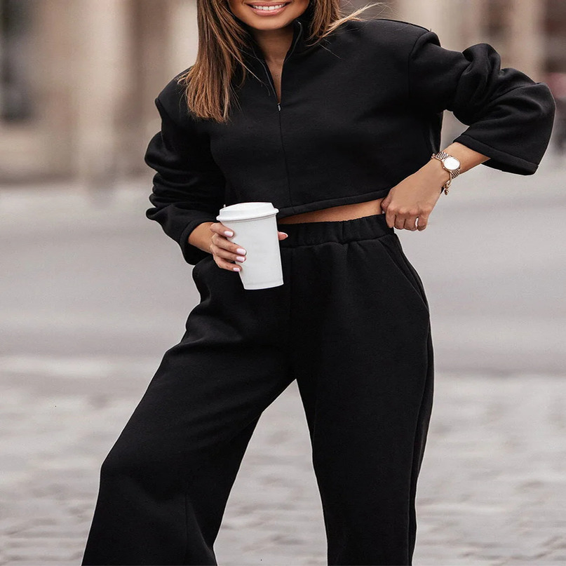 Womens twopiece casual set half zip sweatshirt wide leg sweatpants sportswear track 241008