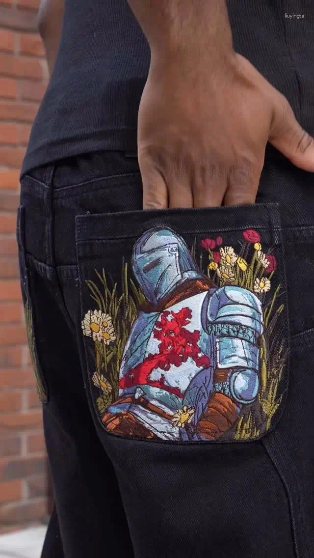 Men's Jeans Retro Hip Hop Fallen Knight Graphic Embroidery Black Baggy Y2k Vintage Splice Straight Denim Pants Men Clothing Cargo Pant