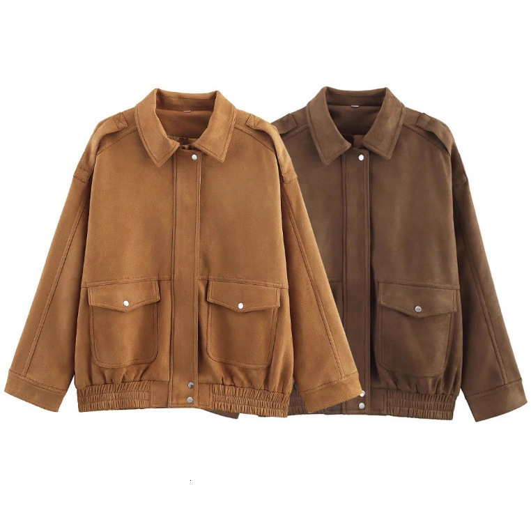 Fashion Loose Khaki Suede Jacket Women Lapel Zipper Long Sleeve Pockets Coat Female 2025 Spring Autumn Vintage High Street Tops 250827