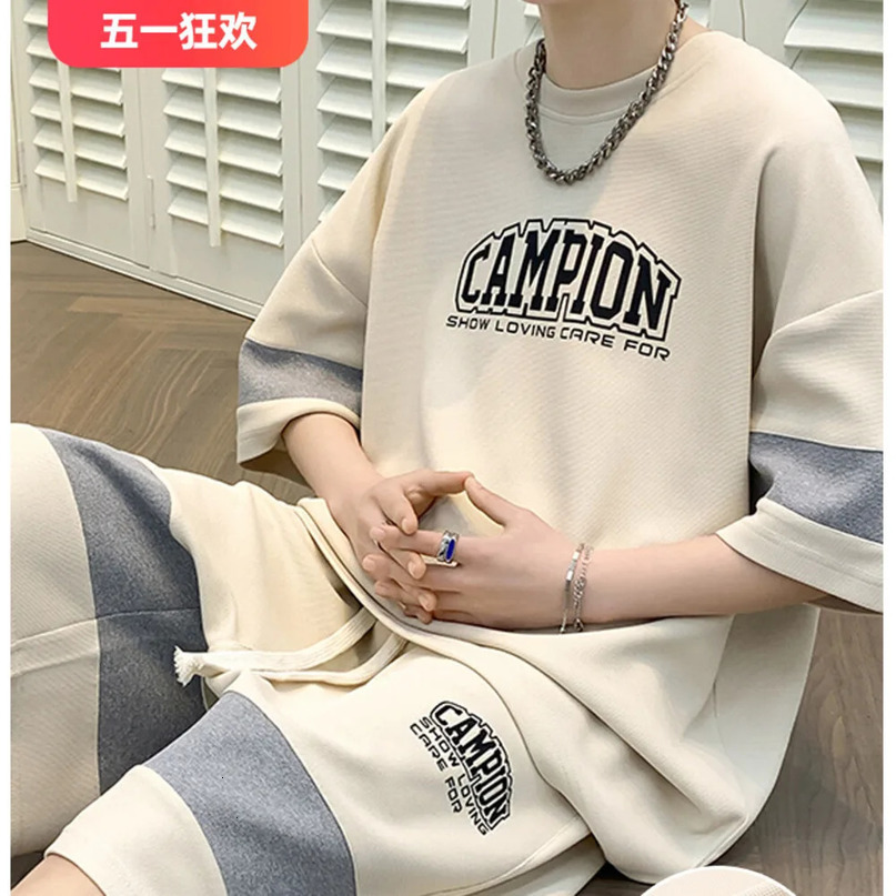 Waffle suit mens summer youth student short sleeved shorts high street trendy casual sports twopiece set 240518