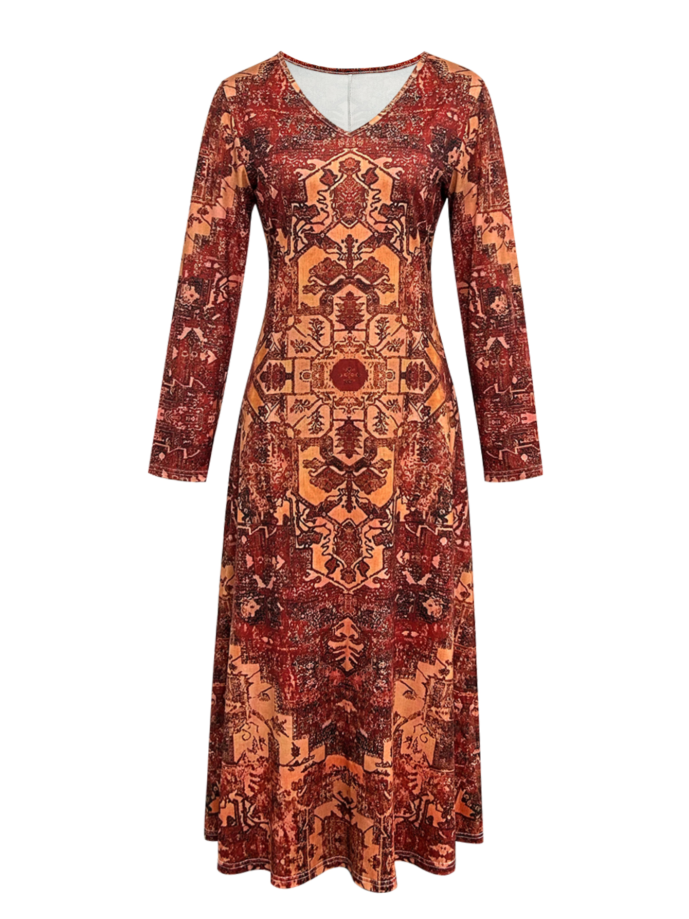 Women's Autumn Winter Retro Printed Midi Dress - Casual Versatile Elegant Office - Wear Brick - Red Dress-CF56328