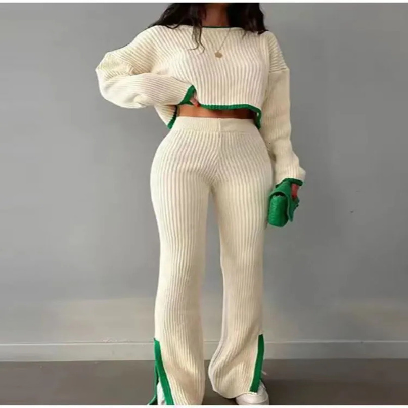 Fashion and fashionable color matching knitted pants set for womens short top ultrathin high waisted seam Trouser twopiece 241008