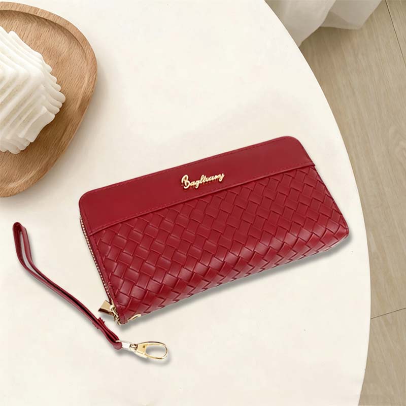 Wallets Women's Burgundy Woven Long Zip Wallet - Chic Wristlet Clutch with Metal Hook, Large Capacity Purse for Daily & Travel DSL