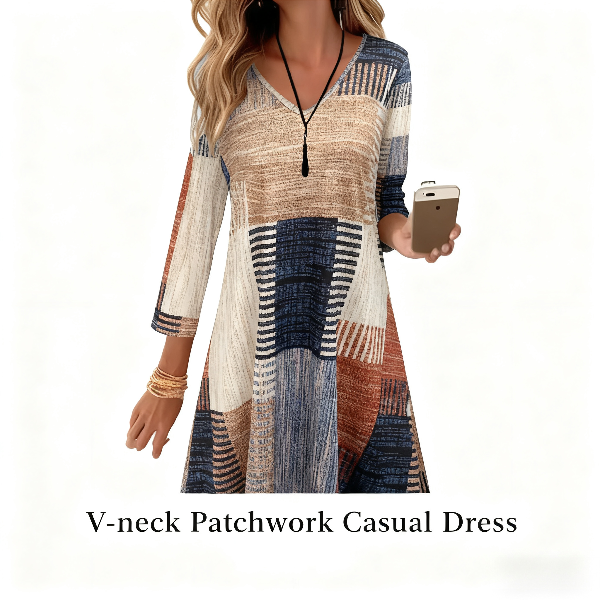 Women's Autumn Winter New Irregular Plaid Print V - Neck Dress - Casual Versatile Khaki Dress-CF42044