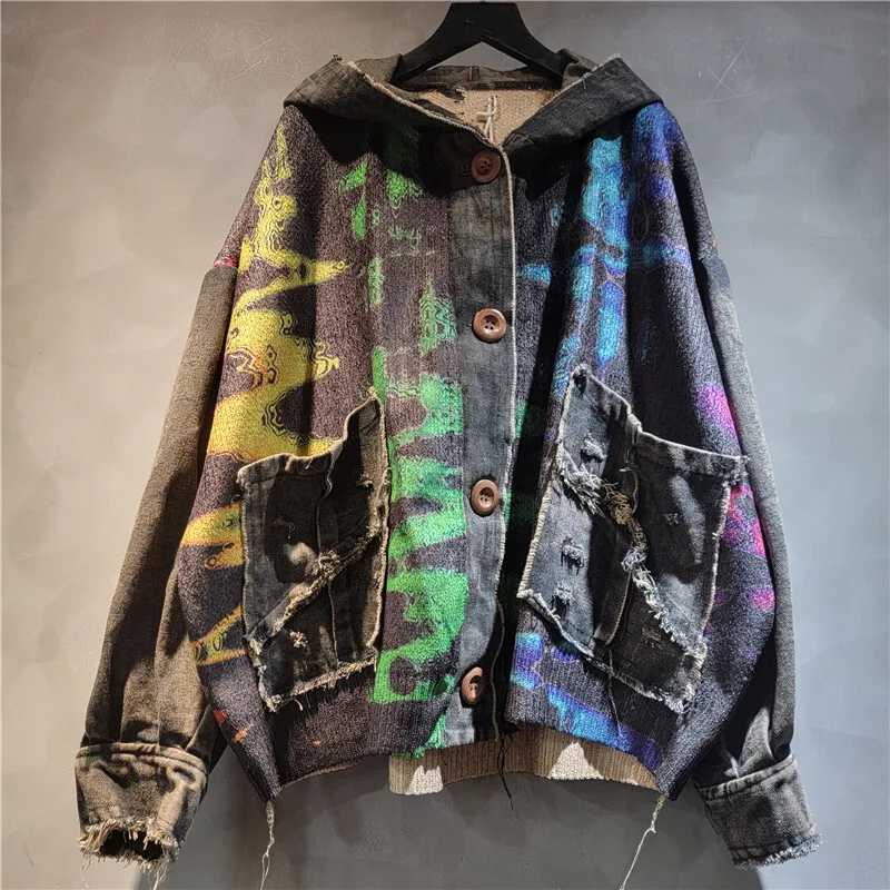 DEAT Womens Cardigan Wave Shaped Printing Patchwork Nim Loose Long Slve Knitted Sweaters 2025 New Autumn Fashion 29A3008 L251010NA66