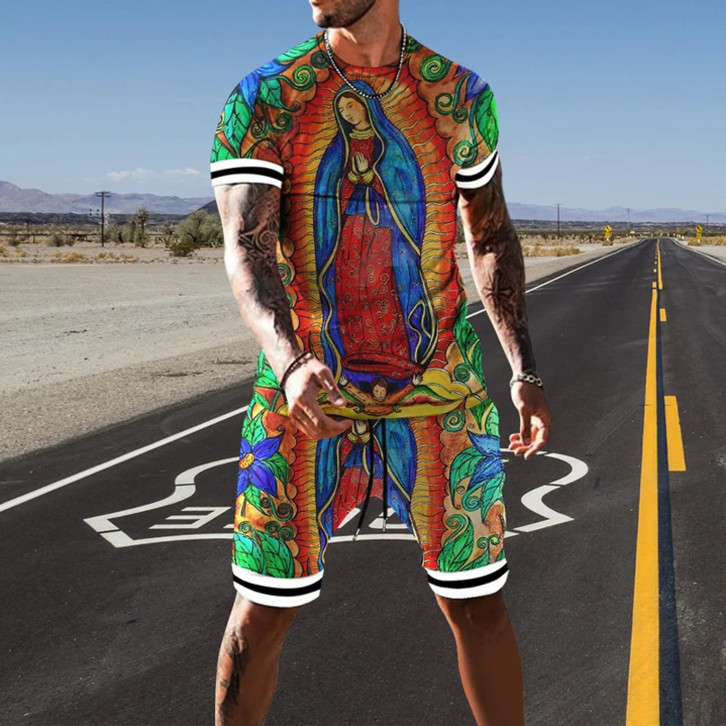 Fashion Men Tracksuits Vintage T shirts 2 Piece Sets Summer Shortsleeve Virgin Mary Sportswear Casual Oversized Man Outfit 240415