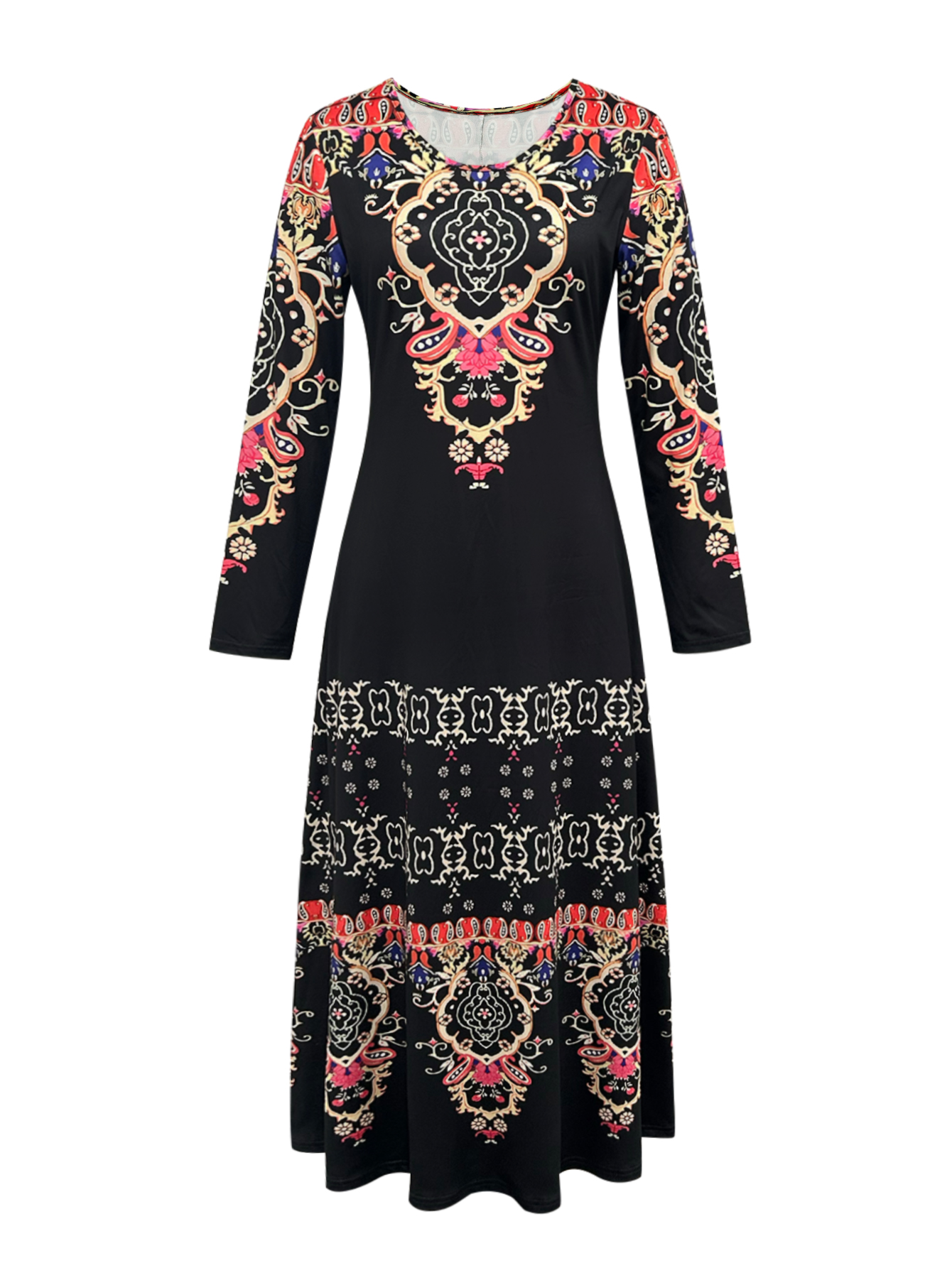 Women's Autumn Winter New Floral Printed Maxi Dress - Casual Versatile Vacation Round - Neck Long - Sleeve Black Dress-CF56282