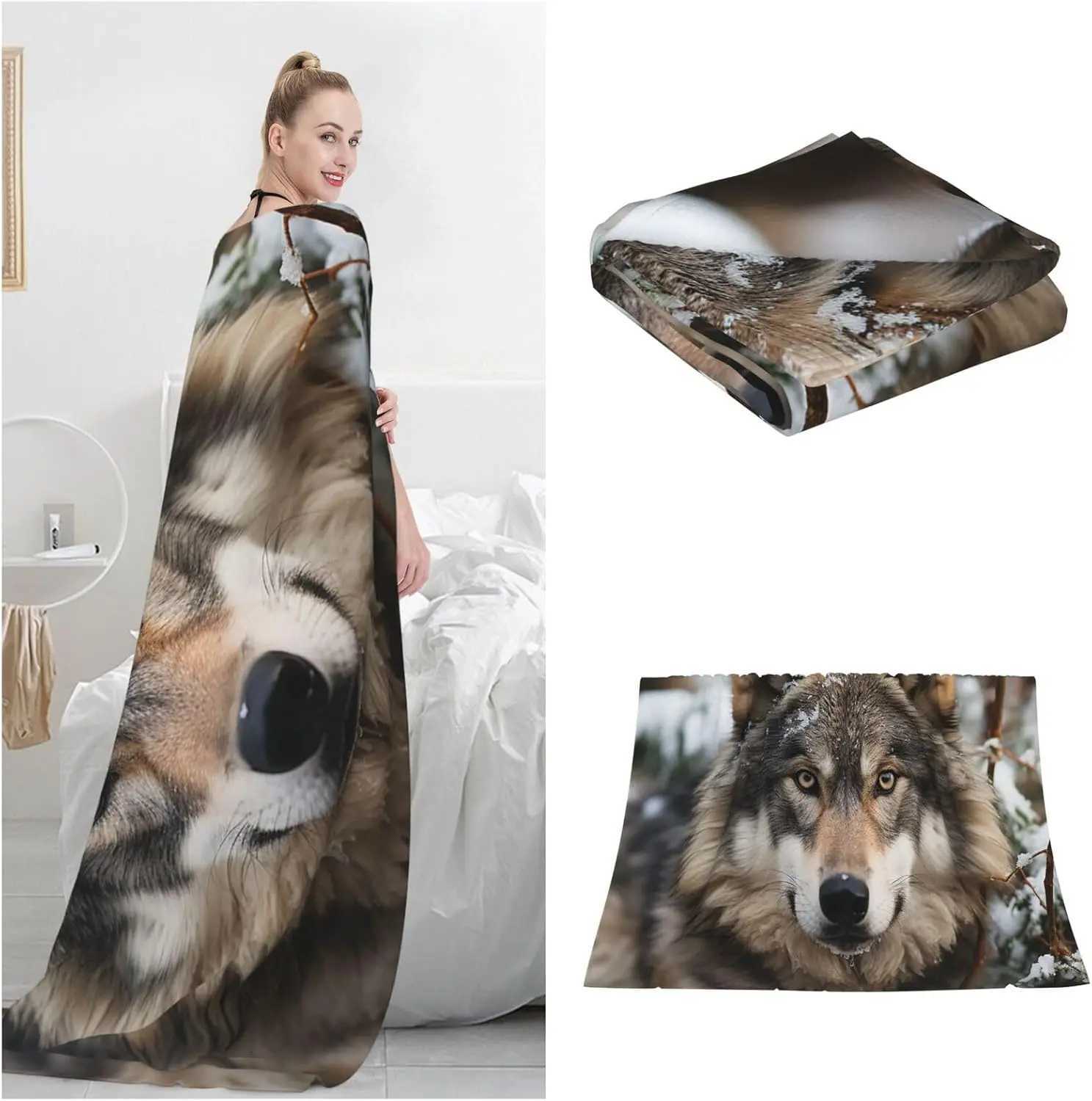 Throw Blanket for Couch Lightweight Plush Bed Blanket Soft Cozy Flannel Blanket AntiStatic Lmage of Wolf in The Snow C251011