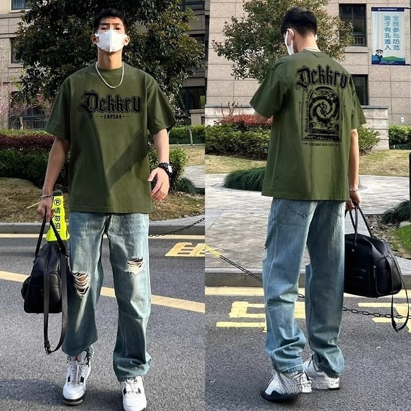 American Style Trendy Brand New Military Green Designer Shirt Printed Designer Hoodie Short Sleeve T-shirt For Men Summer Loose Casual Retro Half Sleeve Top