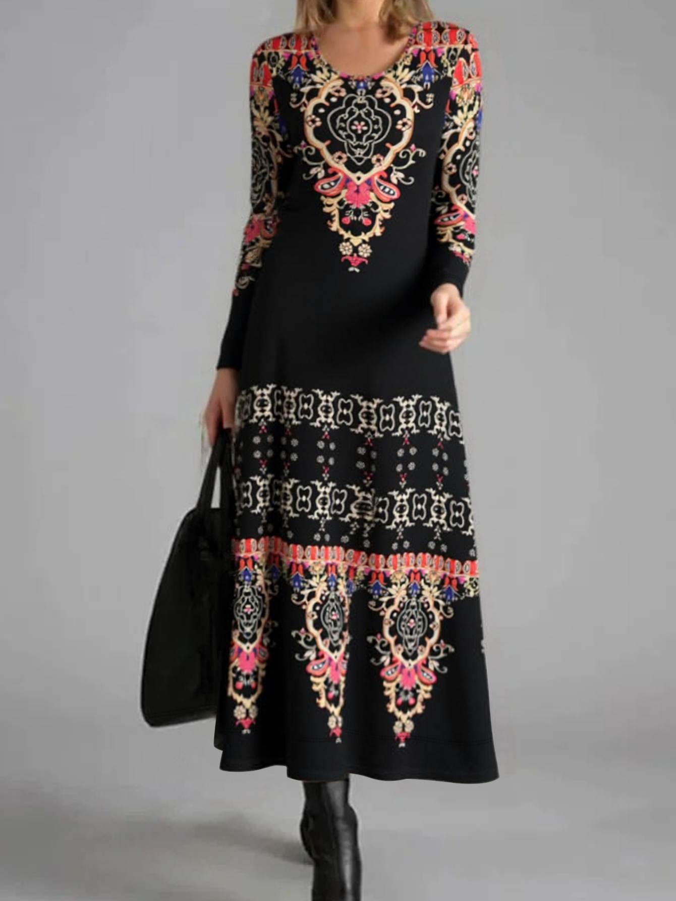 Women's Autumn Winter New Floral Printed Maxi Dress - Casual Versatile Vacation Round - Neck Long - Sleeve Black Dress-CF56282