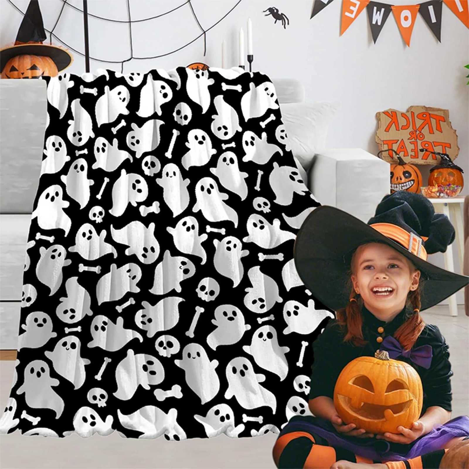 Spooky Halloween Ghosts and Bones Printed Blanket Cozy and Festive Flannel blanket soft and comfortable gift C251011