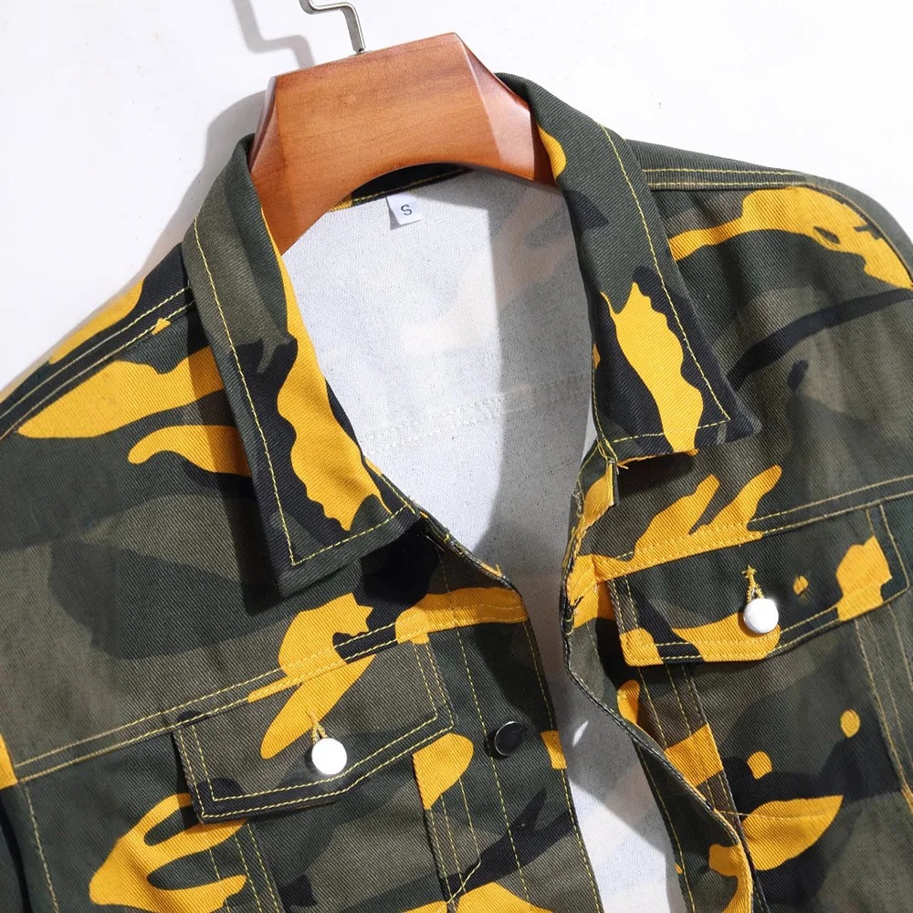 Men Camouflage Denim Vest Causal Loose Cotton Coat Streetwear Outerwear Yellow Red Green 251010