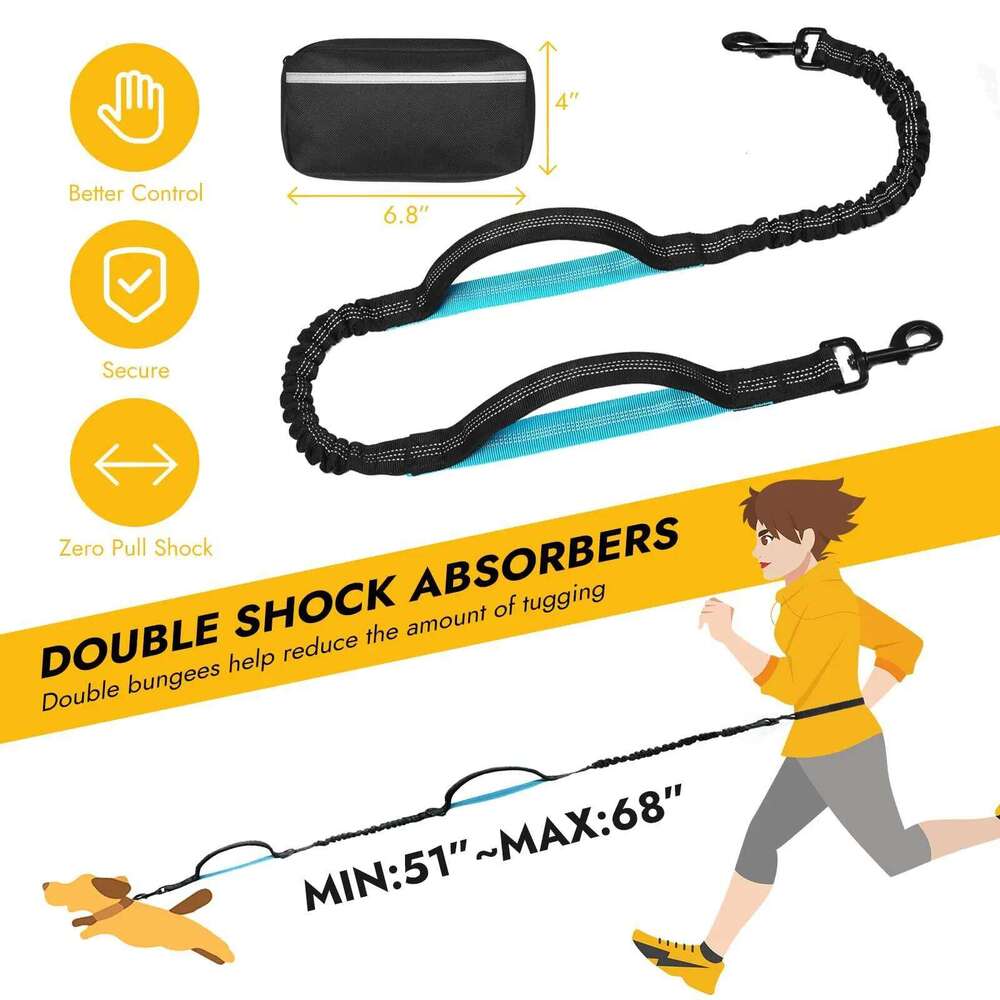 Hands-free running leash with adjustable belt, double handle elastic strap retractable rope for medium and large dog