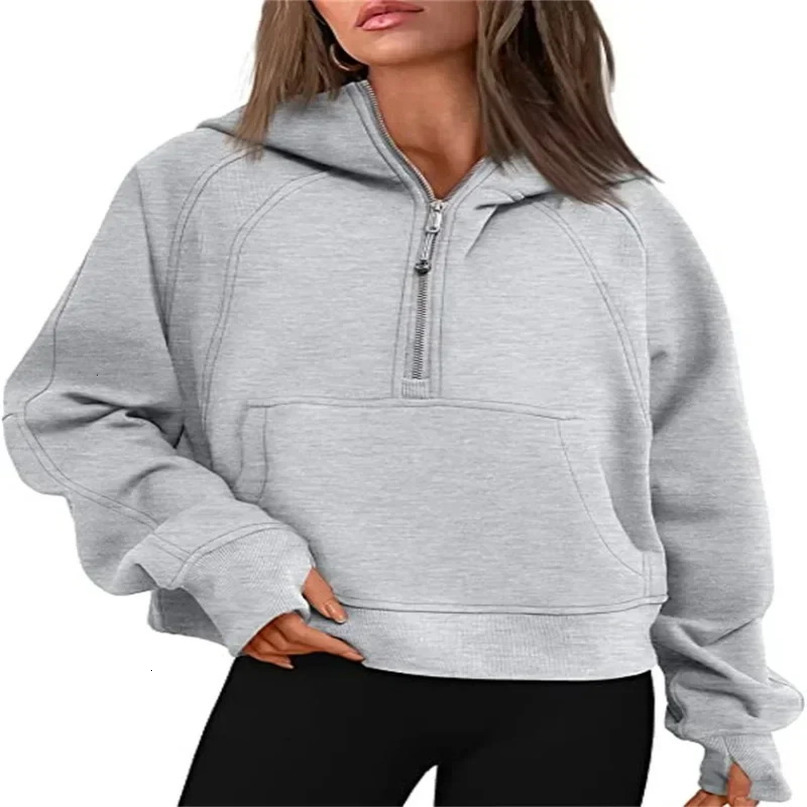Autumnwinter Womens Sport Half Zip Hoodie Sweatshirt Loose Cropped Fleece Hoodies Women 241203