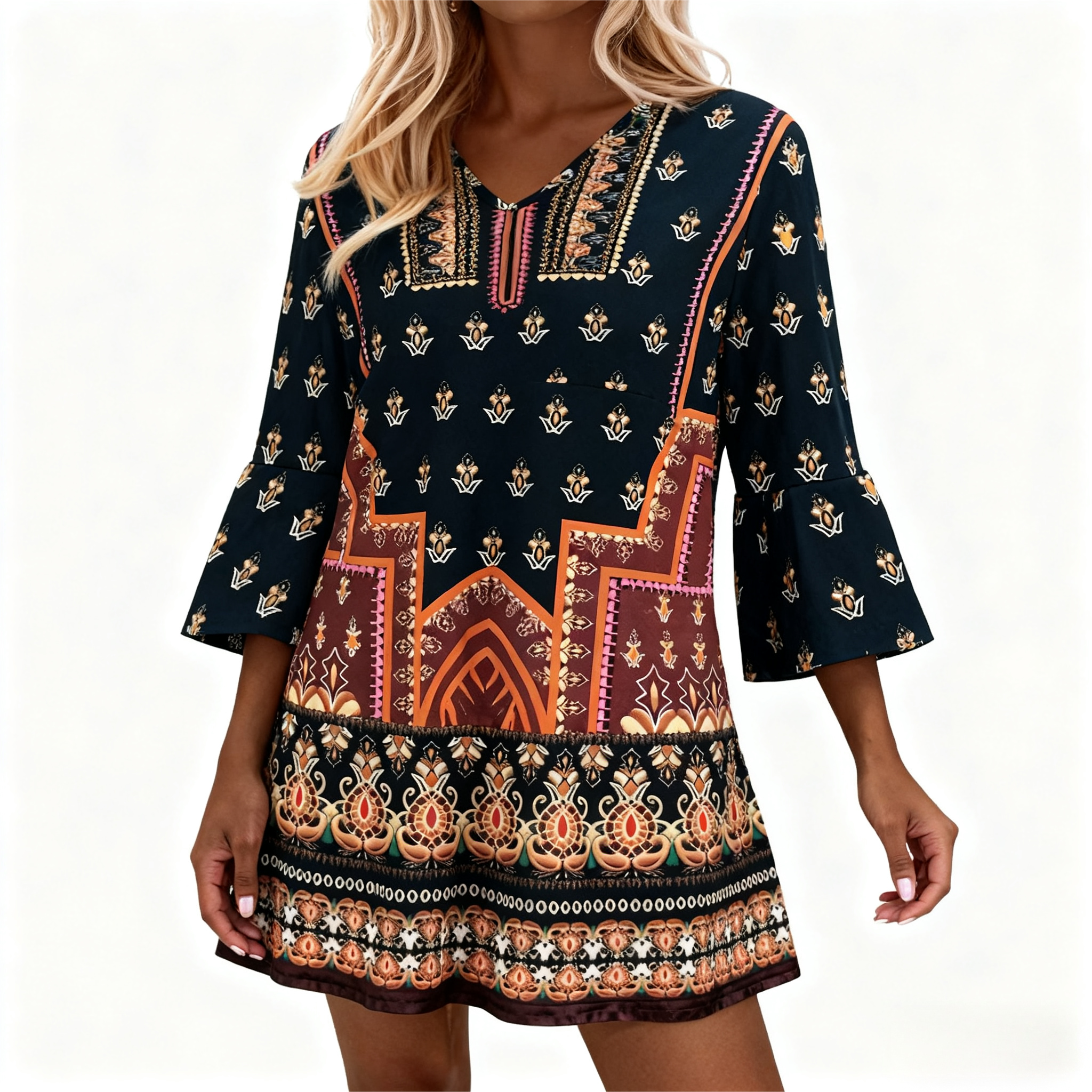 Women's Autumn New Plus - Size Ethnic - Style Printed Dress - Elegant & Versatile Office - Wear Black Dress-YL25404