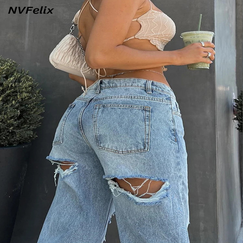 Ripped Jeans Women 90s Vintage Straight High Waist Loose Denim Trousers Y2k Clothing Baggy Pants Slim Streetwear Clothes 240307