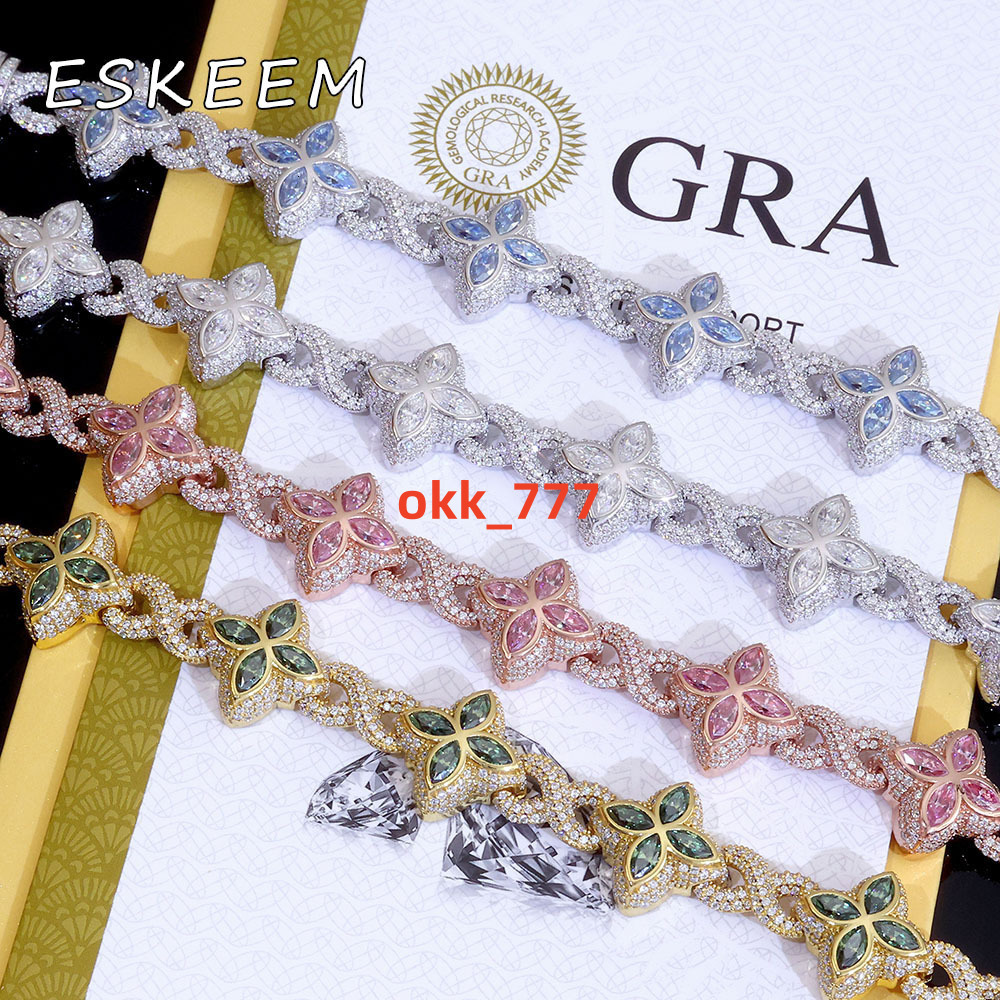 ESKEEM Blue Floral Cuban Bracelet 925 Silver Iced Out Chain VVS Moissanite Diamond Chain Bracelet Fine Jewelry for Women