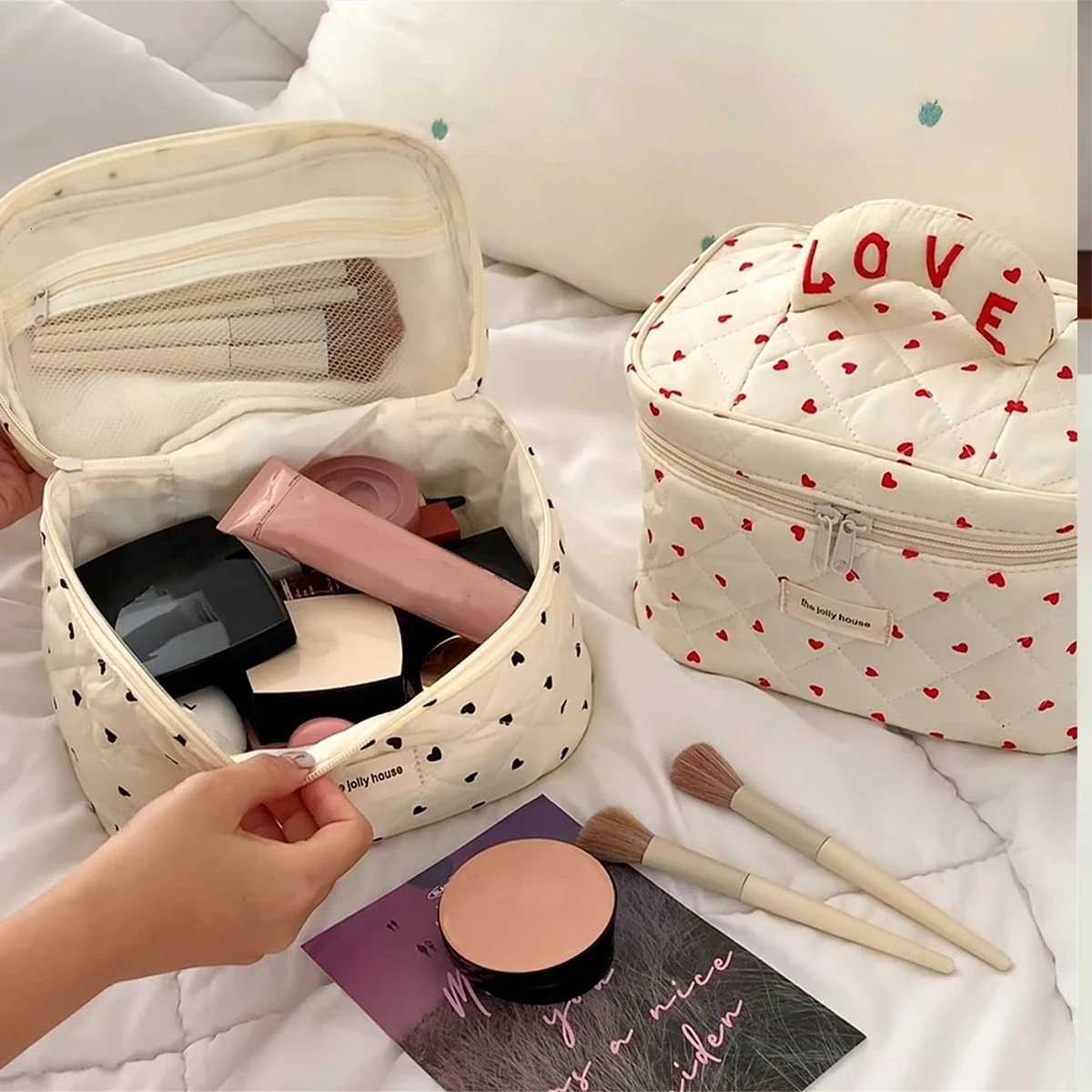 Cute Quilting Cott Makeup Bag Wen Zipper Cosmetic Organizer Fem Handbag Box Cloth Portable Toiletry Case for Girls D251011