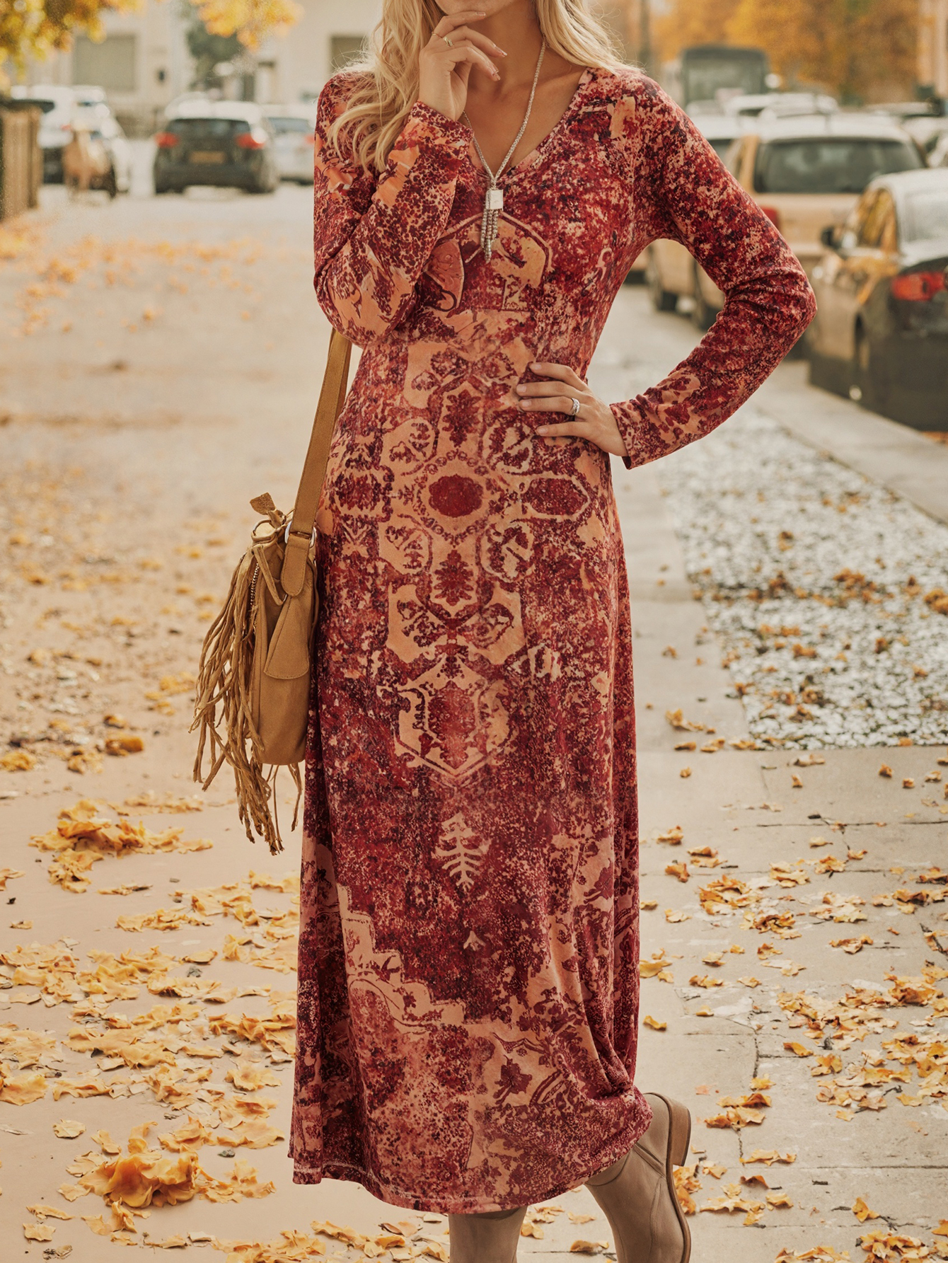 Women's Autumn Winter Retro Printed Midi Dress - Casual Versatile Elegant Office - Wear Brick - Red Dress-CF56328