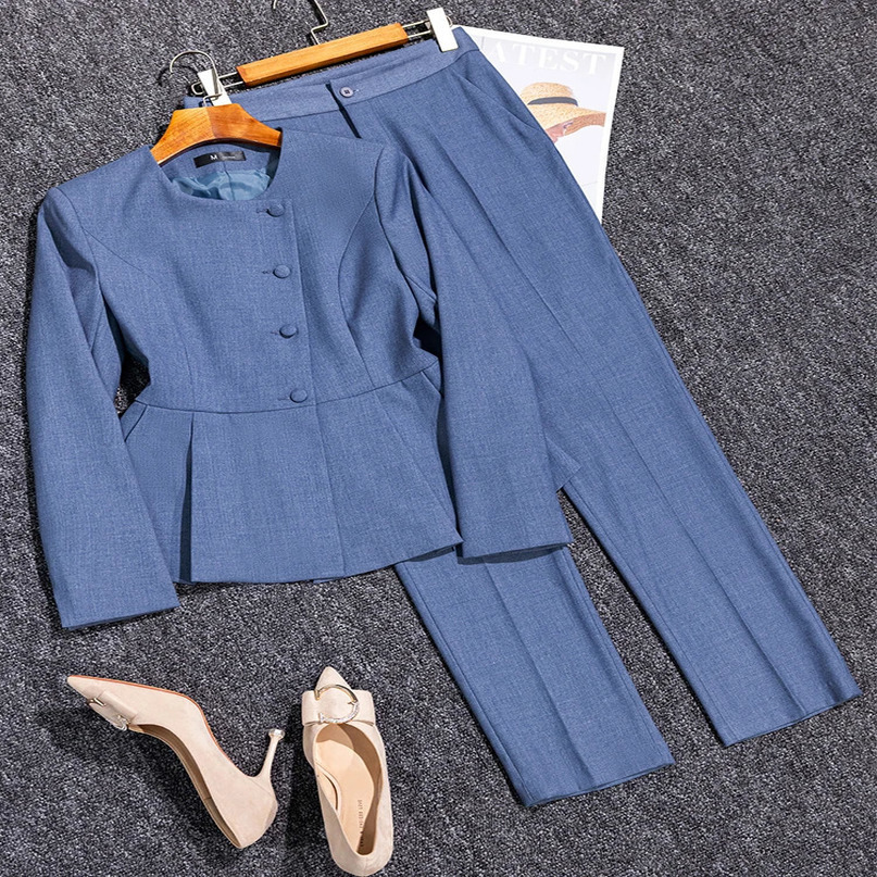 Grey Navy Blue Black Womens Pants Set Formal Business Work Clothes Solid Oneck Jacket and Trouser 2piece Suitable for Autumn Winter 241115