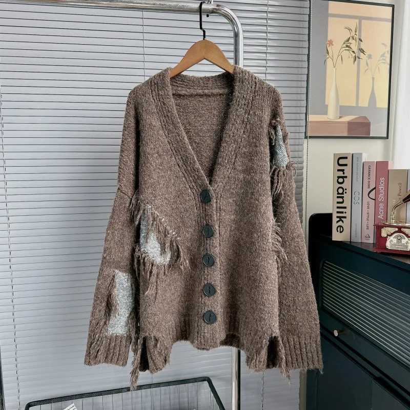 DEAT Womens Cardigan Vneck Patchwork Tassel Loose Long Slve Irregular Knitted Sweaters 2025 New Autumn Fashion 29A3213 L251010LW2Q