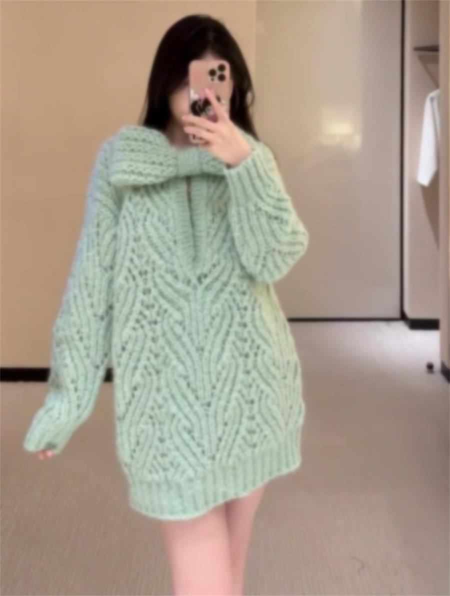 Chan New Lady Bow Tie Hollow Out Knitted Sweater Dress High Quality Designer Long Sleeve V-Neck Sweater Women 2025 Tops Clothes Paris Runway Long Outw