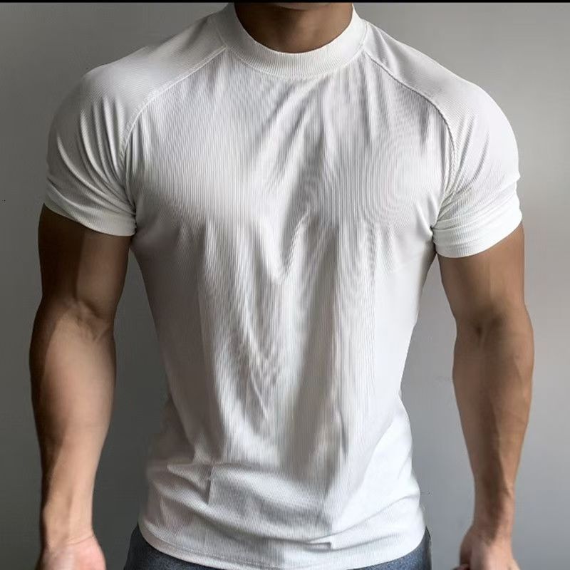 Summer Sports Outdoor Training Short Sleeve Men's Slim Fit Designer Shirt Elastic Designer Hoodie Quick-dry Raglan Sleeve Small Neckline T-shirt Solid Color