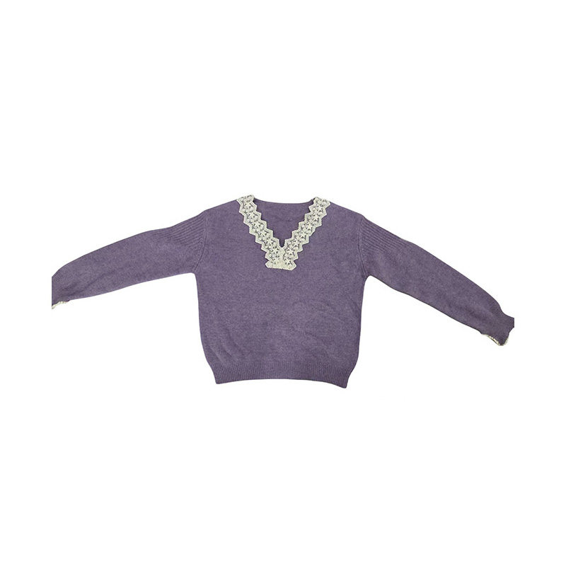 Women's Korean - Style Sweet Lace - Paneled V - Neck Sweater with Split Sleeves, Autumn Top. Soft, Highly Elastic, Adorned with Lace Trim, Ideal 