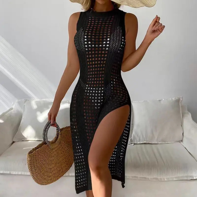 Women Summer Sexy Hollow Out Knitted Beach Cover Up Double Side Slits Dress Femme Beachwear Round Neck Sleeveless Clothes 250106