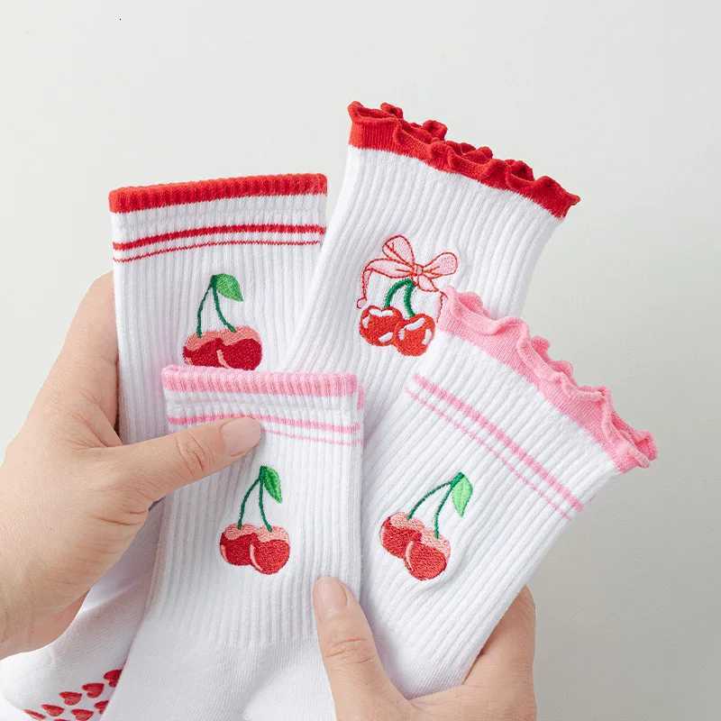 Embroidery Cherryes Yoga Pilates socks for women Nonslip floor sports Calf socks Fashion allmatch trend socksW251011
