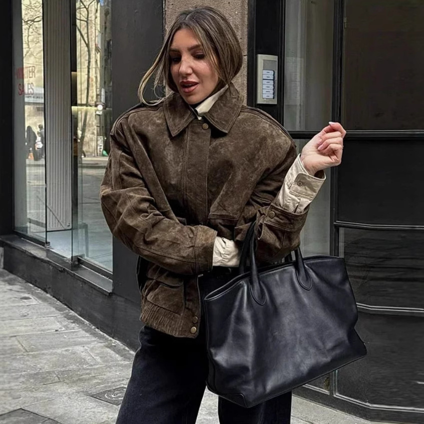 Fashion Loose Khaki Suede Jacket Women Lapel Zipper Long Sleeve Pockets Coat Female 2025 Spring Autumn Vintage High Street Tops 250827