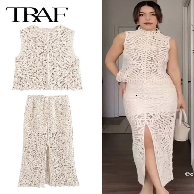 Fashion Crochet Knitted Midi Skirt Sets for Women 2 Pieces Elegant Crop Top Womens Suit Piece Outfit 250729
