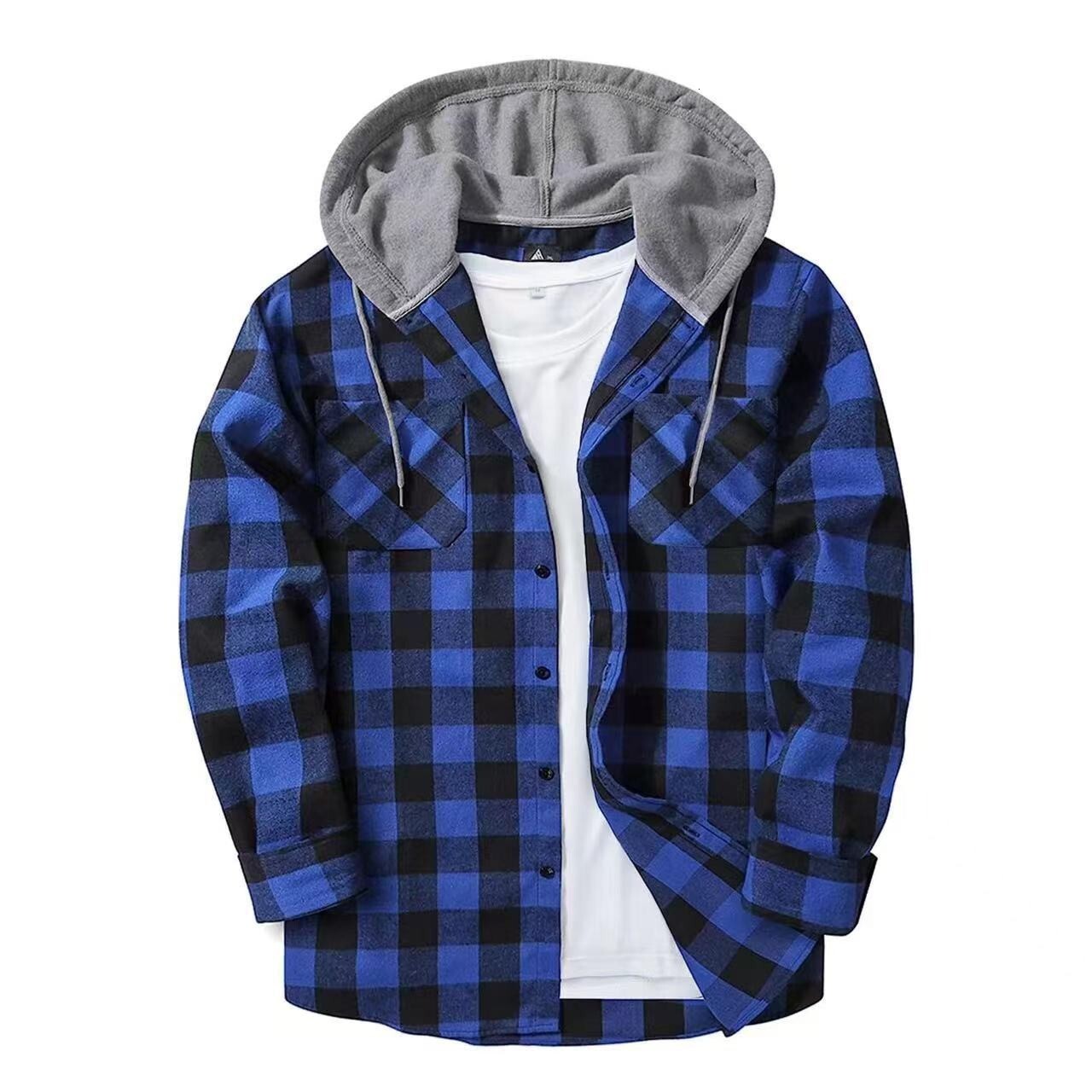 Youth Trend Plaid Loose Fit Sports Casual Single-Breasted Hooded Sweatshirt Round Neck Pocket Decoration Casual Fleece Plaid Hooded Sweatshirt