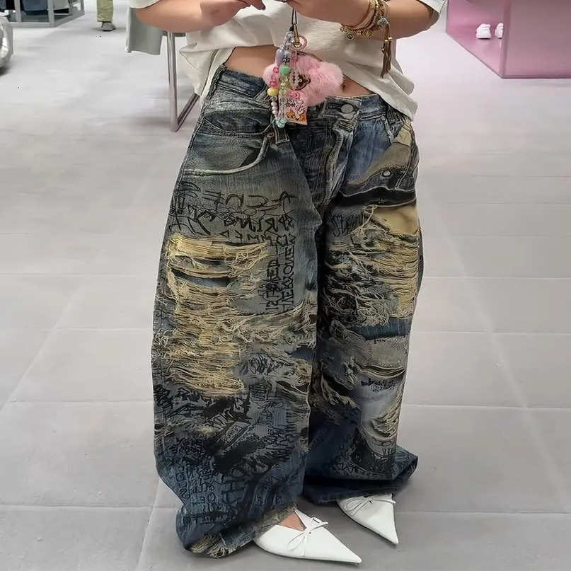American High Street Big Hole Dirty Dyed Jeans Female Y2K Harajuku Punk Spice Girl Color Printing Extended Mop Pants 250612