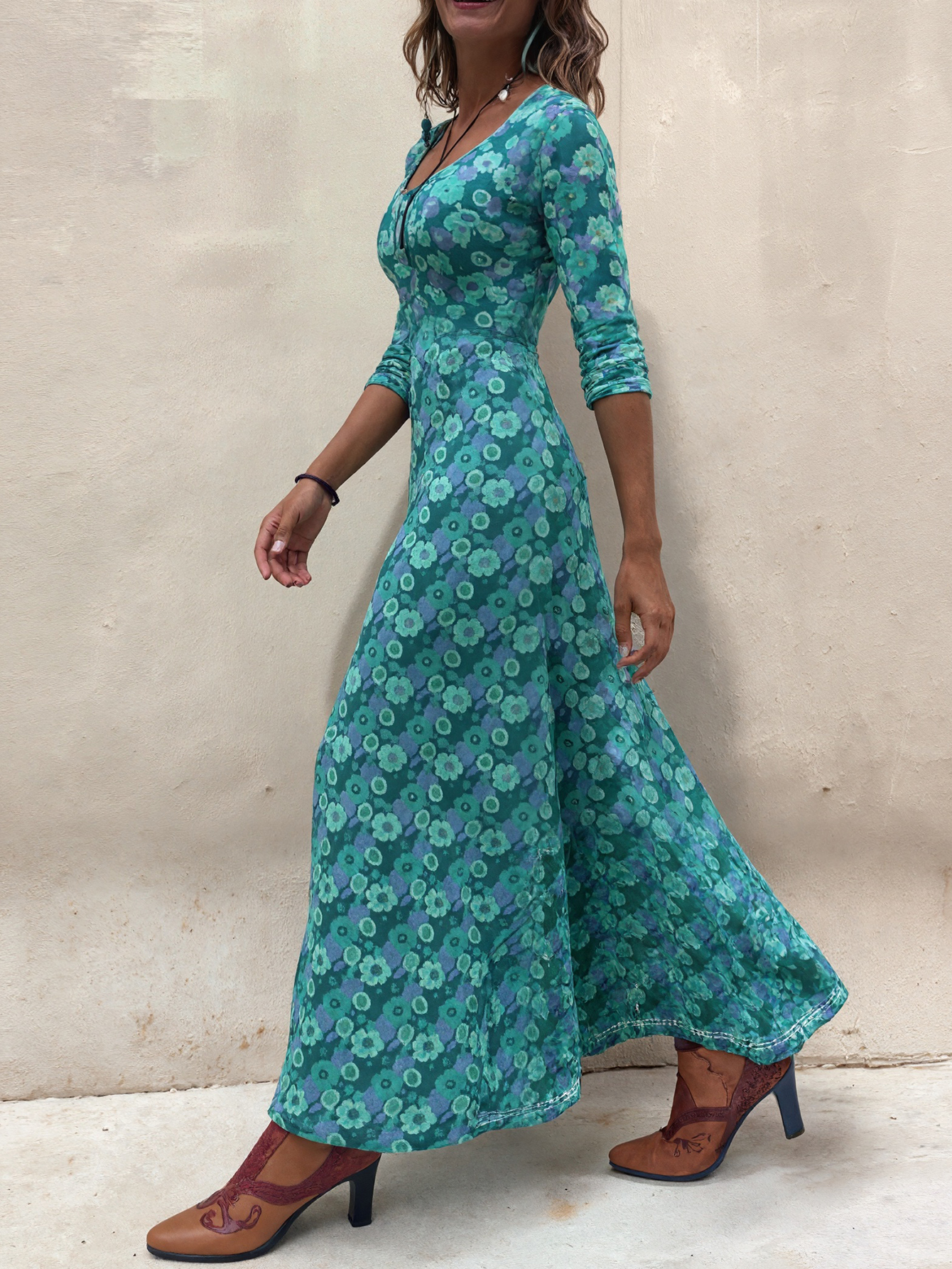 Women's Autumn Winter New Floral Printed Maxi Dress - Elegant Versatile Office - Wear Dark Cyan Dress-CF41088