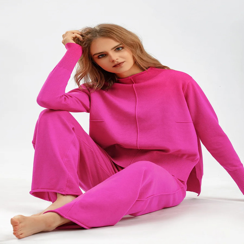 Warm 2 Piece Pant Suits For Women Knitted Long Sleeve Set Top And Pants Tracksuit Outwear Sweater CHIC 250226