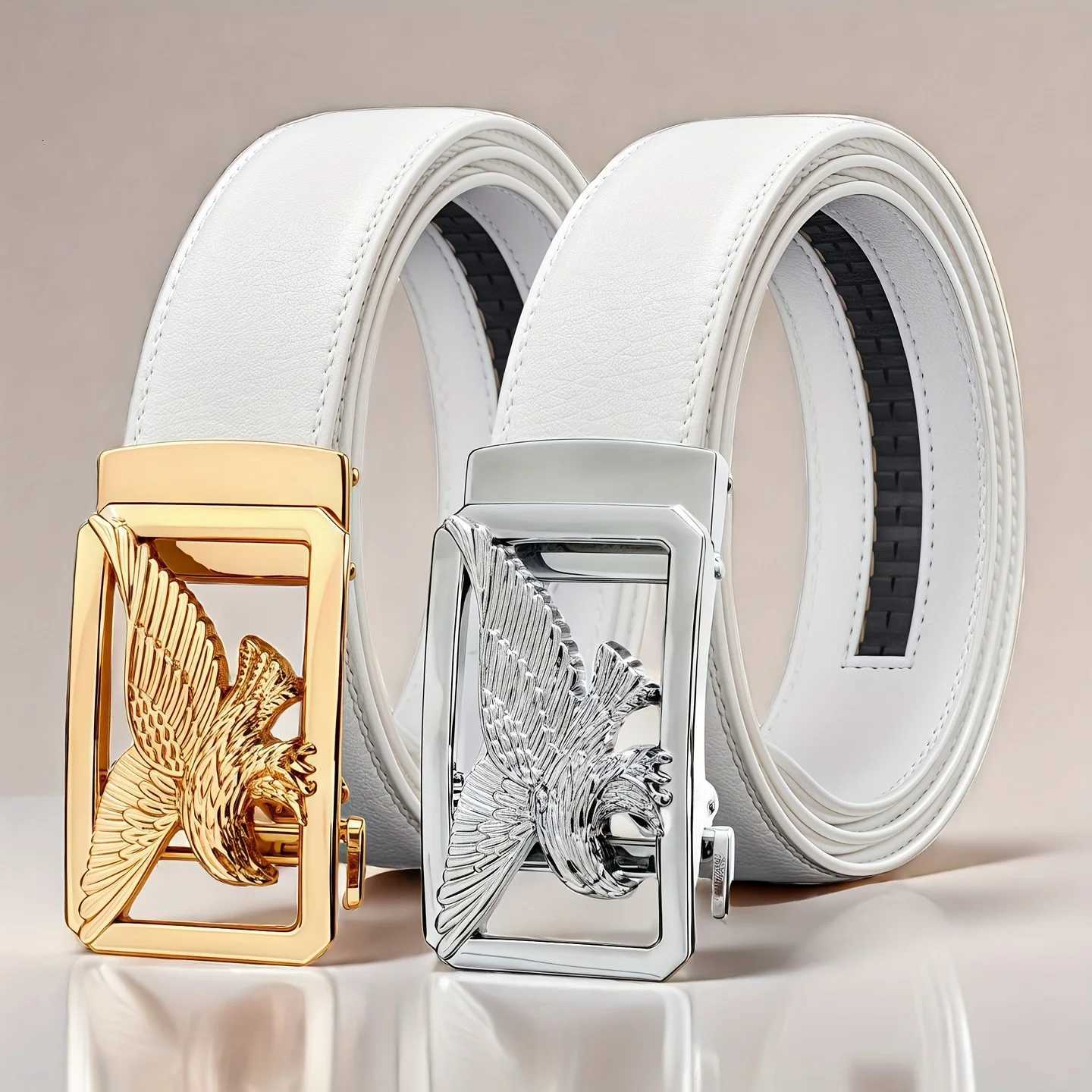 Mens White Automatic Buckle Belt with GoldenTone Metallic Design Stylish Faux Leather BusinESS Casual Belt for Men Z251011