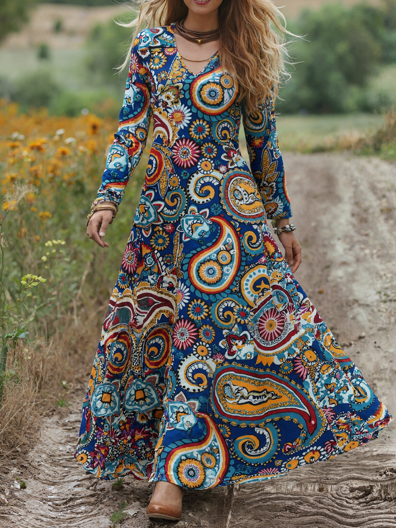 Women's Autumn Winter Fashion Paisley Print Maxi Dress - Casual Versatile Floral Dress-CF51073
