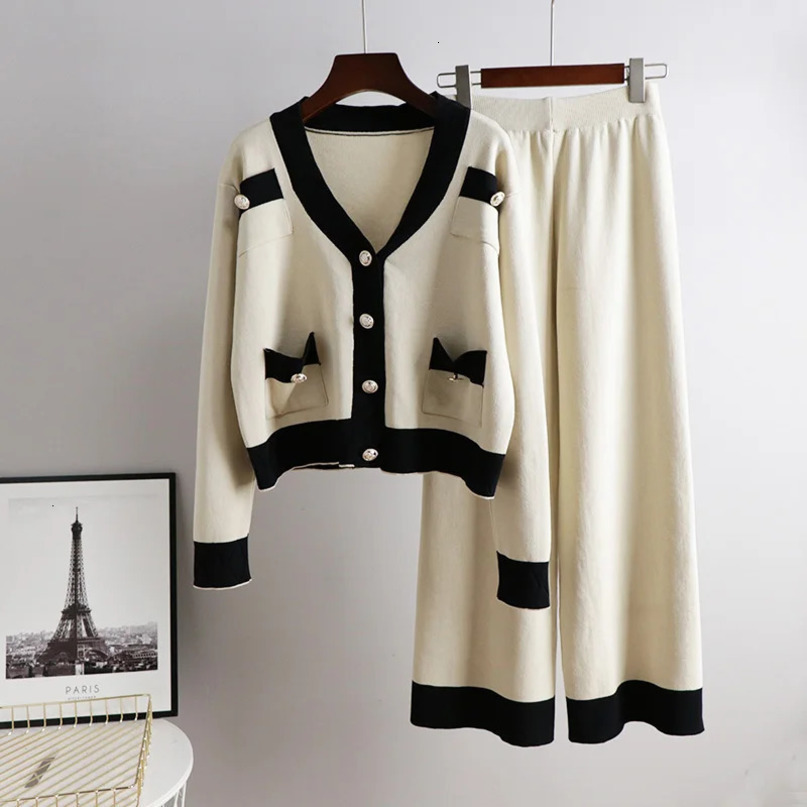 Casual womens twopiece spring autumn almond black Vneck solid cardigan and high waisted pants set 241008