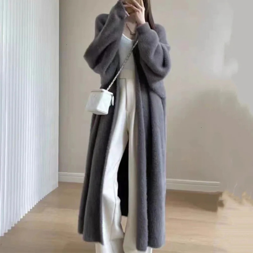Long Cardigan for Women Clothes Knitted Fluffy Solid Sleeve Cashmere Sweater Coat Warm Autumn Winter Oversize 241203