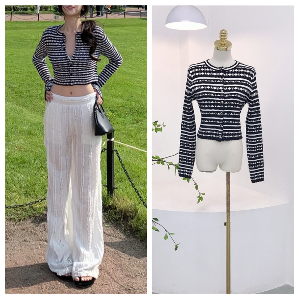 2025 autumn and winter new black and white color polka dot cardigan designer's new retro style fashion round neck rhinestone button high waisted 