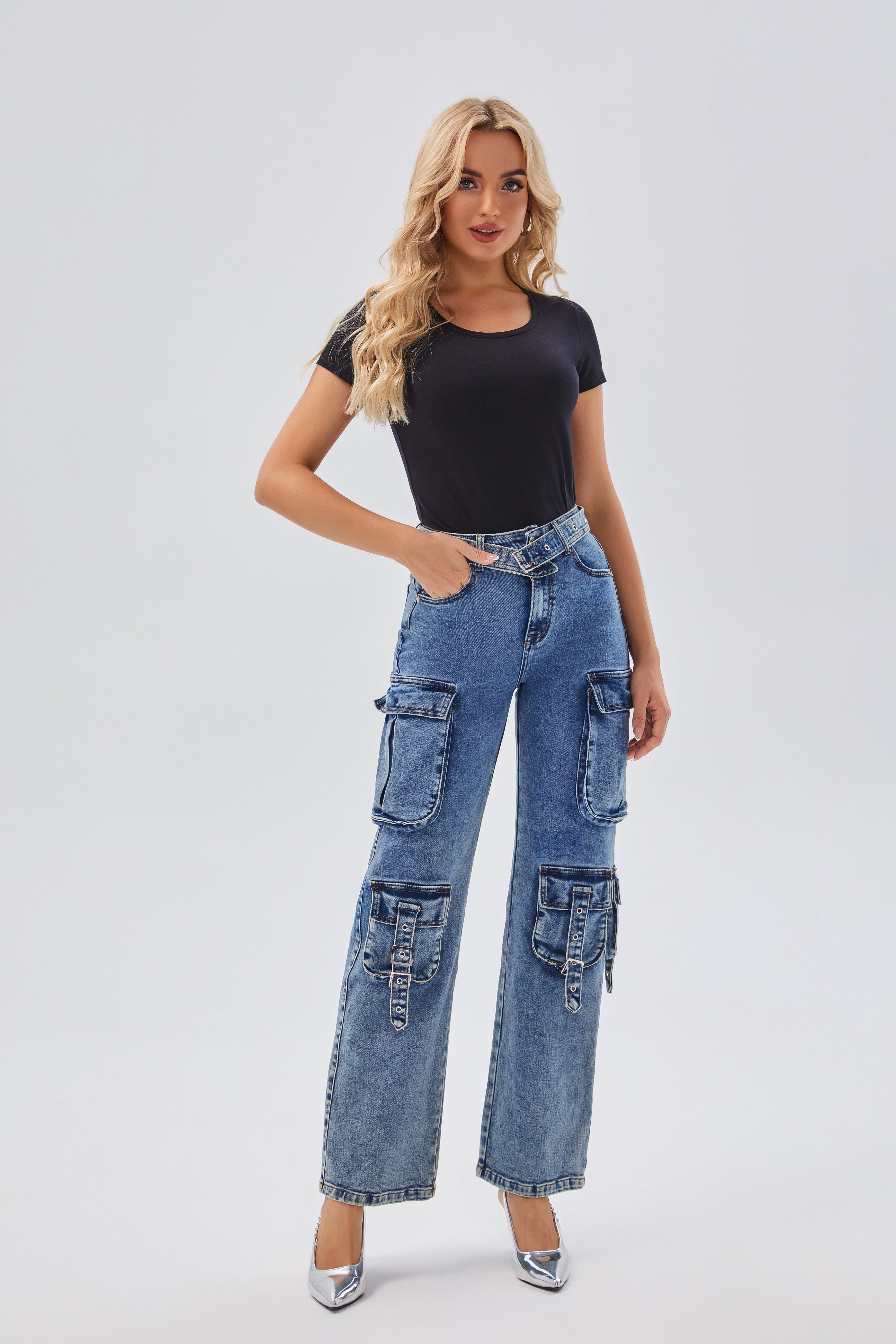 Women's Jeans Women's High - Waisted Denim Cargo Pants with Buckle Belt - Trendy Multi - Pocket Design, Ideal for Casual & Streetwear