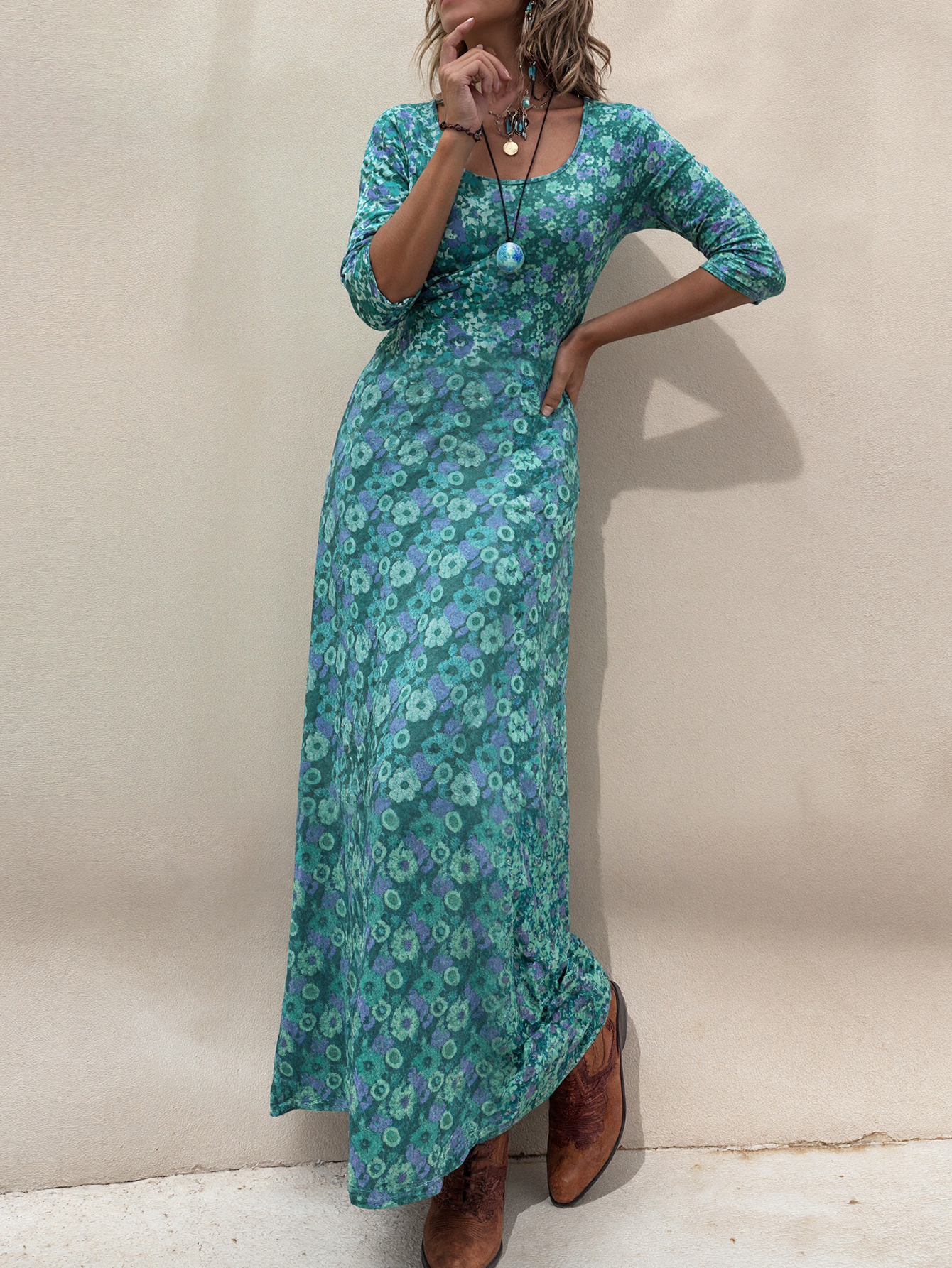 Women's Autumn Winter New Floral Printed Maxi Dress - Elegant Versatile Office - Wear Dark Cyan Dress-CF41088