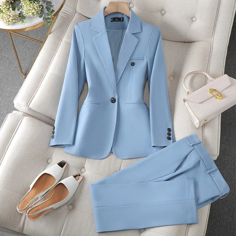Solid Office Lady Suit For Women Blue Brown Apriot Color Blazer And Pants Spring Autumn Pantsuit 2 Piece 240127