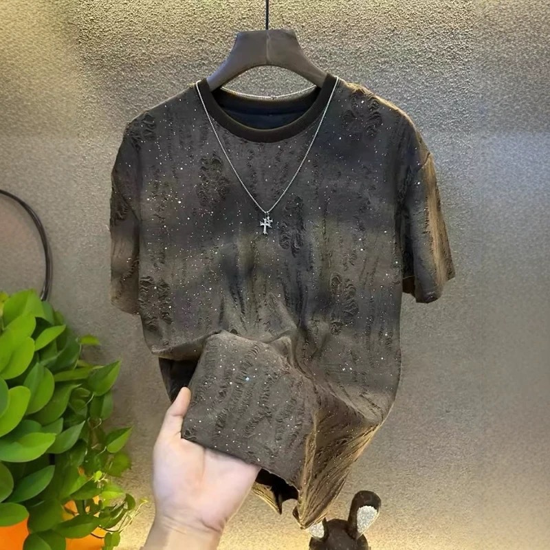 Summer New Luxury High-quality Men's Starry Designer Hoodie Sky Short Sleeve T-shirt Trendy Sequin Gradient Distressed Designer Shirt Crew Neck T