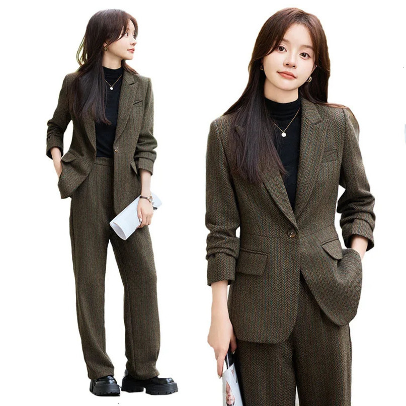 SpringSummer Fashion Wool Blended Jacket Trouser Two Piece Womens Elegant Casual Set Pants 241115