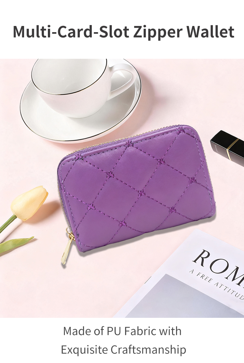 Wallets Women's Purple Quilted Zipper Wallet - Compact & Stylish Purse with Gold - Tone Pull, Ideal for Daily Essentials Storage XDSL