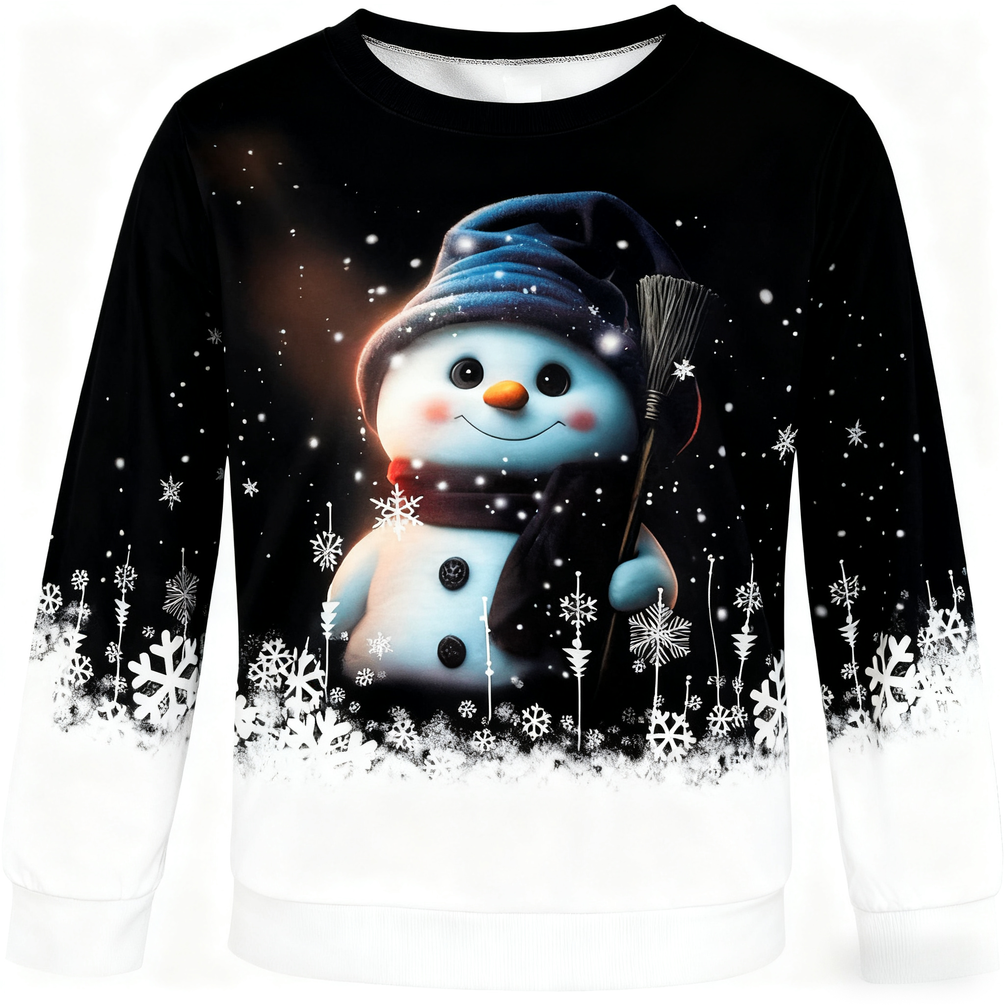 Women's New Christmas Snowman & Snowflake Print Sweatshirt - Festive Versatile Black & White Top-CF40393